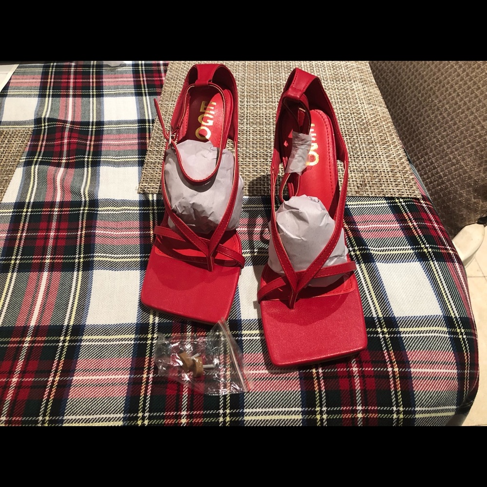 Ego red square toe heels faux leather
